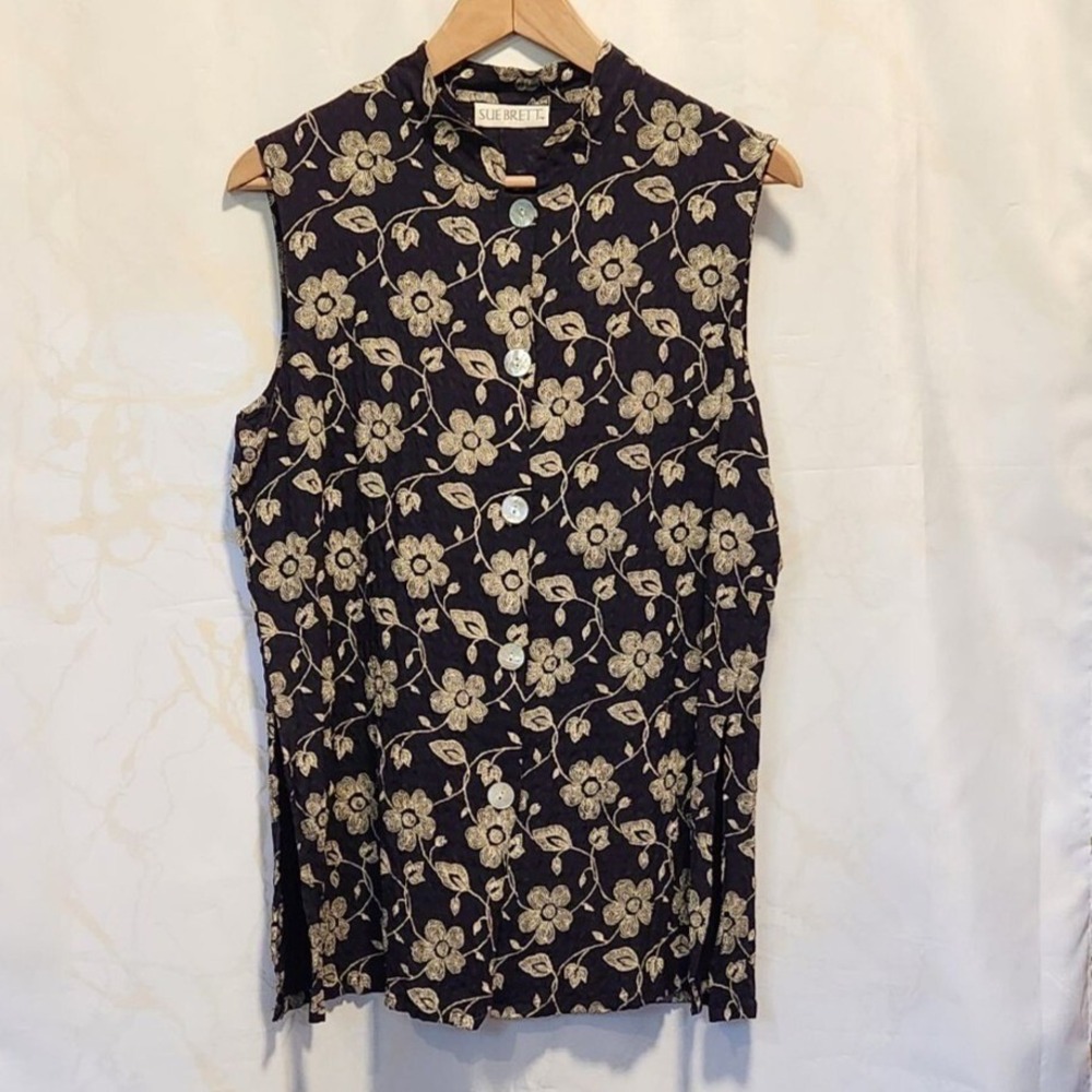 VTG Sue Brett Floral Button‎ Up Blouse Women's L Blue/Purple Check Embroidered